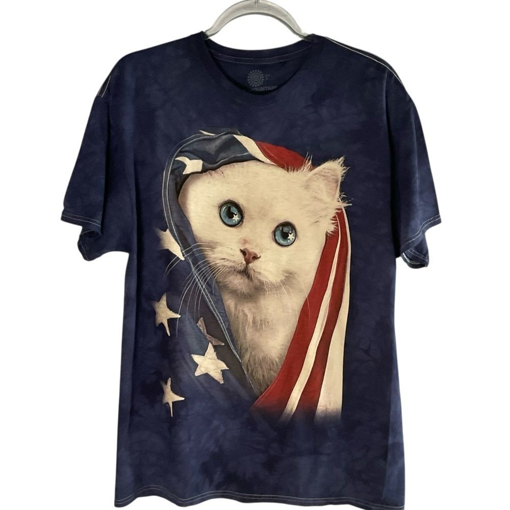 The Mountain Patriotic Kitten Blue Short Sleeve Cotton Tee Shirt Size L